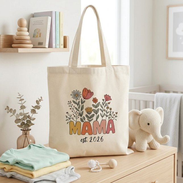 Botanisk Mamma Est År Retro Blommig Bokstavsstil Tygkasse (Skapare uppladdad)