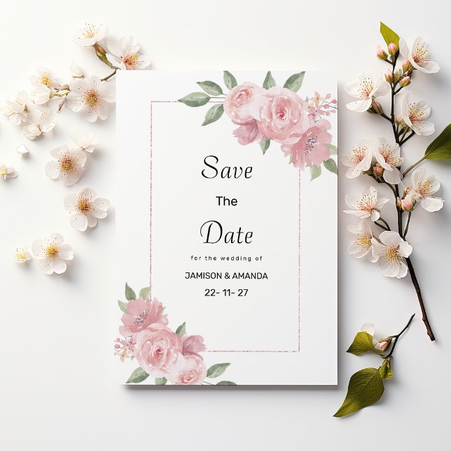 Botanisk mint pastell rosa blomsterlig Save The Da Inbjudningar (Botanical mint pastel pink floral Save The Date)
