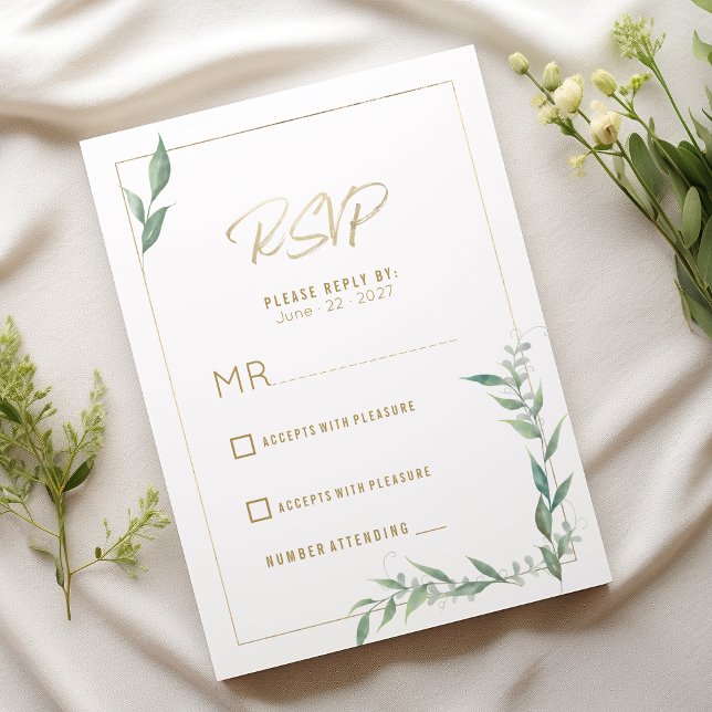 Botanisk mintgrön guldgrönska Bröllops-RSVP  Inbjudningar (Botanical mint green gold greenery Wedding RSVP)