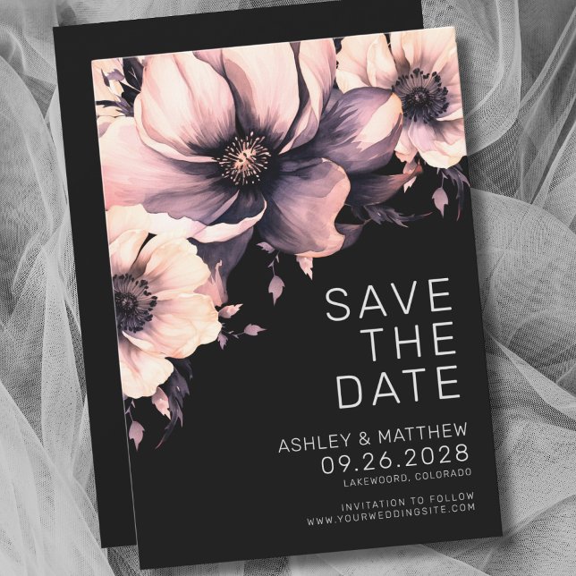 Botanisk Modern Elegant Black Rosa Blommigt Bröllo Spara Datumet (Botanical Modern Elegant Black Pink Floral Wedding Save the Date)
