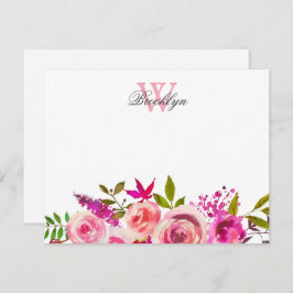 Botanisk monogrammad Bright Rosa Blommigt Tack Kort