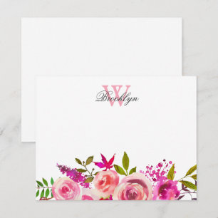 Botanisk monogrammad Bright Rosa Blommigt Tack Kort