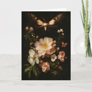 Botanisk Moth Mörk Blommig Konst Antik Fjäril Kort