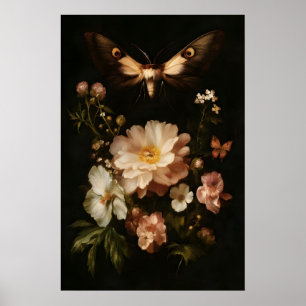 Botanisk Moth Mörk Blommig Konst Antik Fjäril Poster