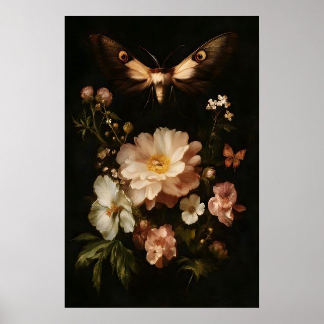 Botanisk Moth Mörk Blommig Konst Antik Fjäril Poster (Framsidan)