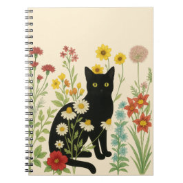 Botanisk natur – svart katt i vildblomsterträdgård anteckningsbok