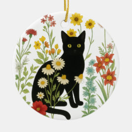 Botanisk natur – svart katt i vildblomsterträdgård julgransprydnad keramik