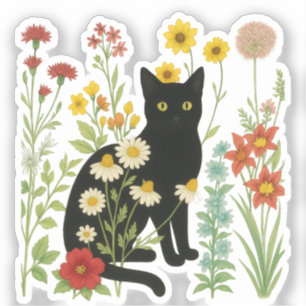 Botanisk natur – svart katt i vildblomsterträdgård klistermärken