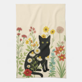 Botanisk natur – svart katt i vildblomsterträdgård kökshandduk