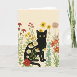 Botanisk natur – svart katt i vildblomsterträdgård kort