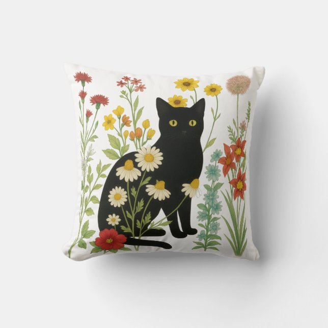 Botanisk natur – svart katt i vildblomsterträdgård kudde (Framsida)