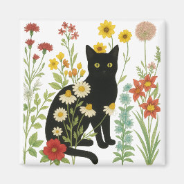 Botanisk natur – svart katt i vildblomsterträdgård magnet