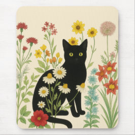 Botanisk natur – svart katt i vildblomsterträdgård musmatta