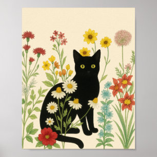 Botanisk natur – svart katt i vildblomsterträdgård poster