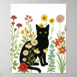 Botanisk natur – svart katt i vildblomsterträdgård poster