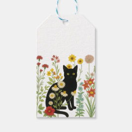 Botanisk natur – svart katt i vildblomsterträdgård presentetikett