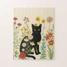 Botanisk natur – svart katt i vildblomsterträdgård pussel