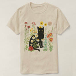 Botanisk natur – svart katt i vildblomsterträdgård t shirt