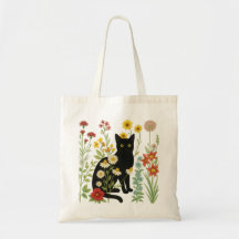 Botanisk Natur – Svart Katt i Vildblomsterträdgård