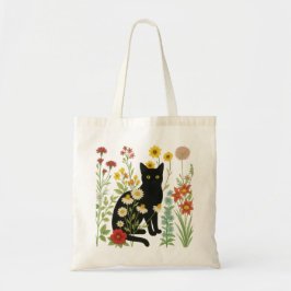 Botanisk Natur – Svart Katt i Vildblomsterträdgård Tygkasse
