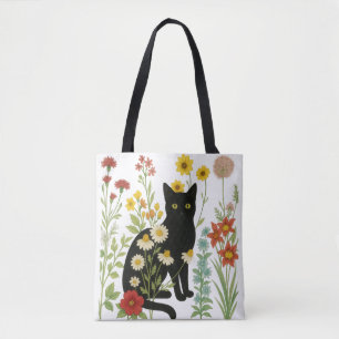 Botanisk natur – svart katt i vildblomsterträdgård tygkasse