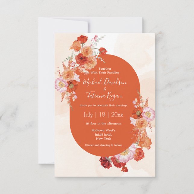 botanisk orange brun bröllop i blommigt med vatten inbjudningar (Framsida)