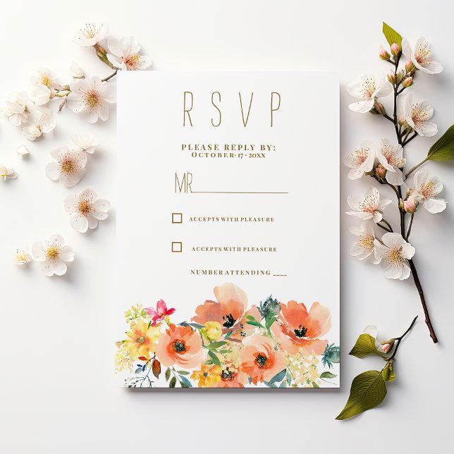 Botanisk orange gul pink sommar blommande RSVP Inbjudningar (Botanic orange yellow pink summer floral RSVP)
