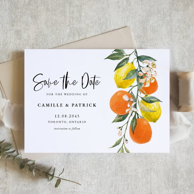 Botanisk Orange och Citron QR-kod Spara datum Meddelande Vykort (Botanical Orange and Lemon QR Code Save the Date Announcement Postcard)