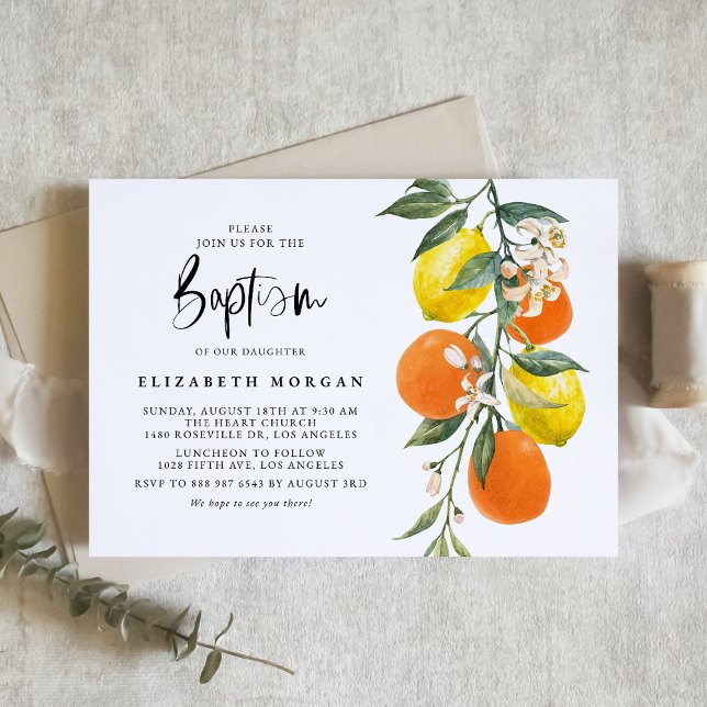 Botanisk Orange och Lemon Garland Baptism Inbjudningar (Skapare uppladdad)