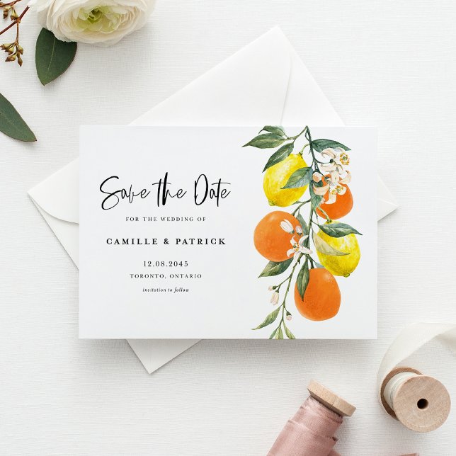 Botanisk Orange och Lemon Garland Spara datum Meddelande Vykort (Botanical Orange and Lemon Garland Save the Date Announcement Postcard)