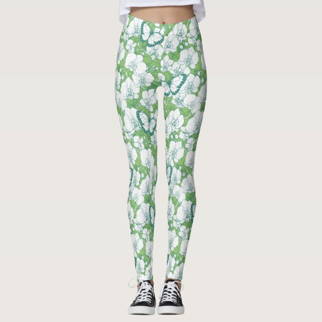 Botanisk orkidé trädgård med fjärilar i grönt leggings (Framsida)