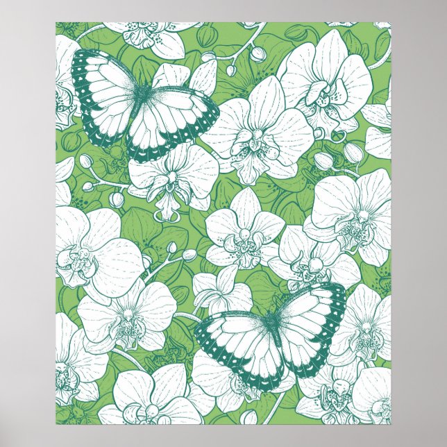 Botanisk orkidé trädgård med fjärilar i grönt poster (Framsidan)