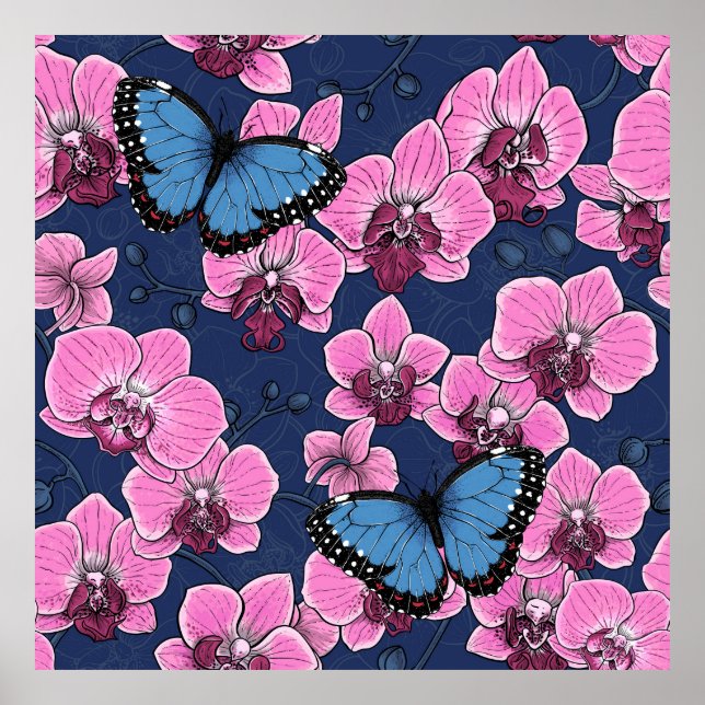 Botanisk orkidé trädgård med fjärilar poster (Framsidan)