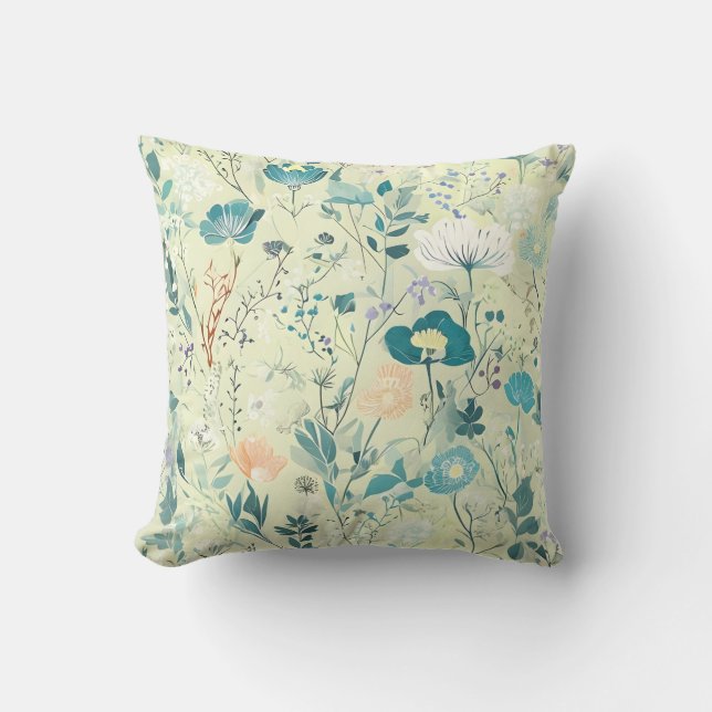 Botanisk pastel Grönt Blommigt Dekorativ kudde (Framsida)