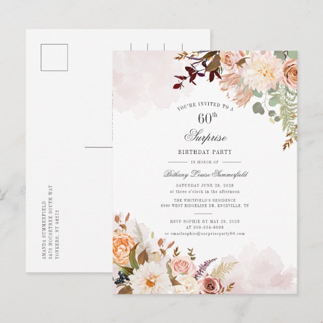 Botanisk pastellBlommigt 60:e Födelsedagsfesten Inbjudan Vykort (Fram/baksida)
