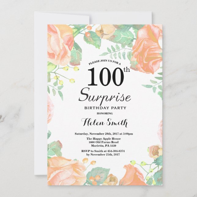 Botanisk persiko blomsteröverraskning 100-årsdag inbjudningar (Framsida)