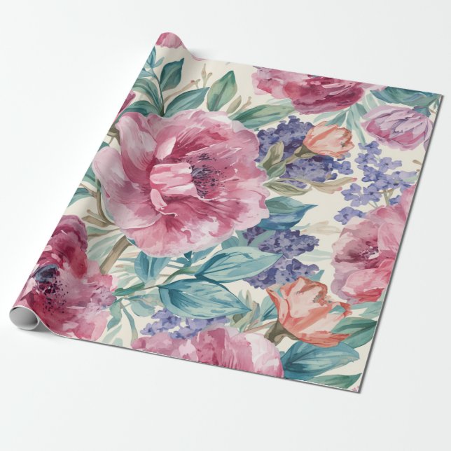 Botanisk Pion Vattenfärg Lavendelblommor Blommig Presentpapper (Utrullad)