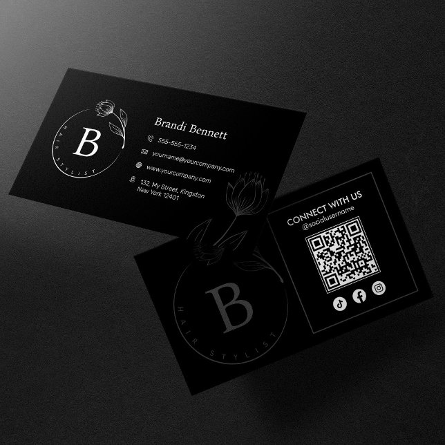 Botanisk QR-kod för minimal hairstylist-Blommigt Visitkort (Skapare uppladdad)