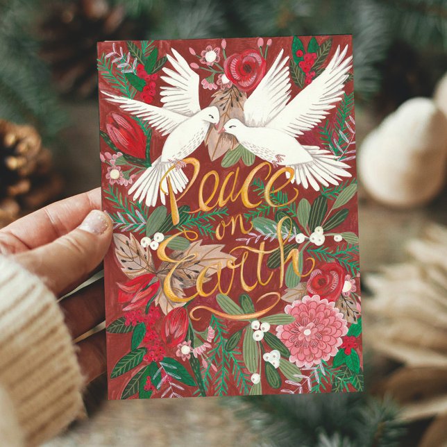 Botanisk Röd Fred På Jorden | Duvor Blommor Helgkort (Botanical Red Peace on Earth | Dove Birds Floral Holiday Card)