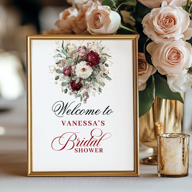 Botanisk Rödfärgad Bröllopsfest Välkommen Poster (Botanical Blush Burgundy Bridal Shower Welcome)