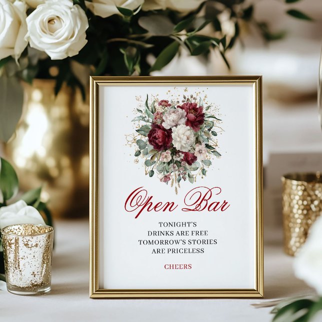 Botanisk Rödfärgad Öppen Bar Bröllopsaffisch Poster (Botanical Blush Burgundy Open Bar Wedding Poster)