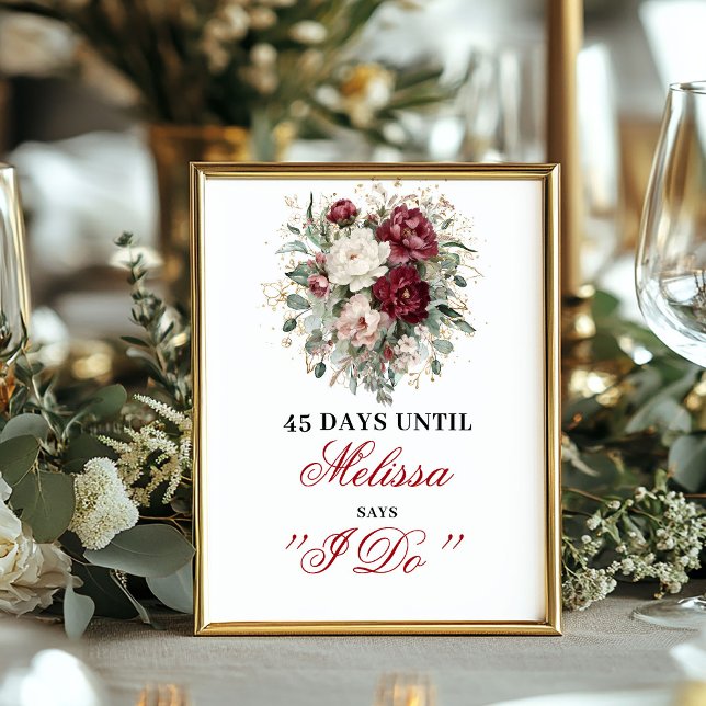 Botanisk Rodnad Burgunder Räkna Ned Bordsskylt Poster (Botanical Blush Burgundy Countdown Tabletop)