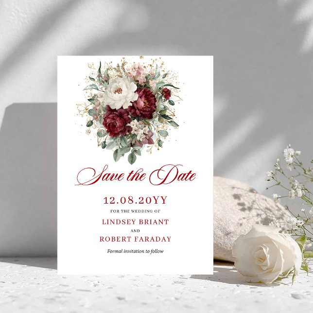 Botanisk Rodnad Burgundy Grönska Spara Datumet (Botanical Blush Burgundy Greenery Save The Date)