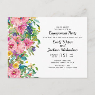 Botanisk Rosa Blue Watercolor Blommigt Förlovning Vykort