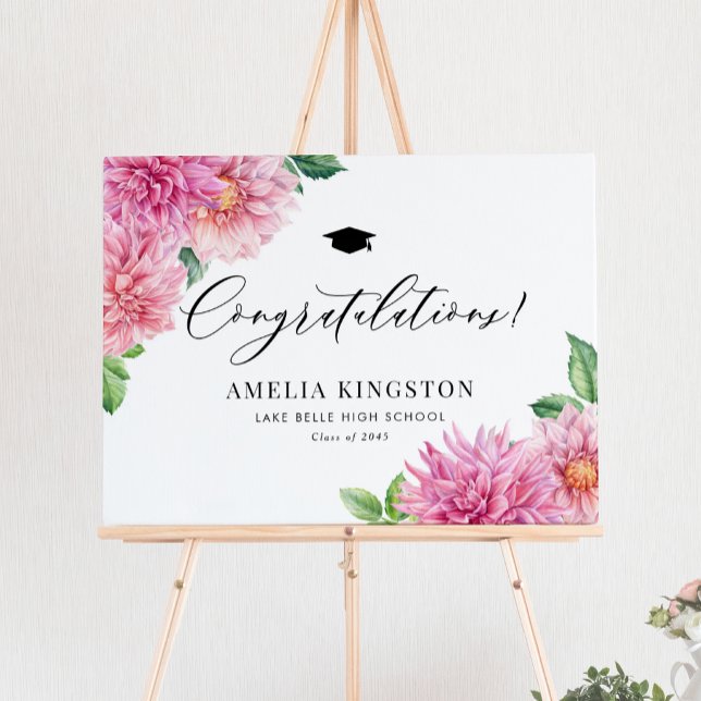 Botanisk Rosa Dahlia Grattis på Examen Poster (Congratulations to the graduate! Botanical graduation party sign featuring watercolor pink dahlias. )