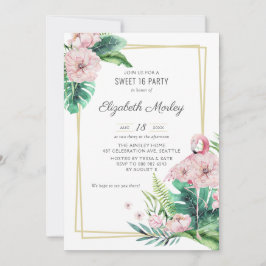 Botanisk Rosa Flamingo Blommigt Ram Sweet sixteen Inbjudningar