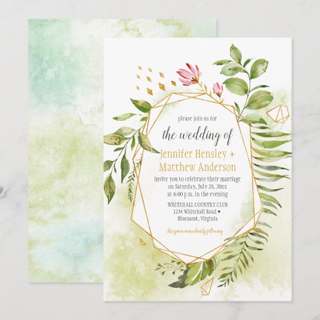 Botanisk Rosa Grönt Guld Geometric Ram Bröllop Inbjudningar (Fram/baksida)