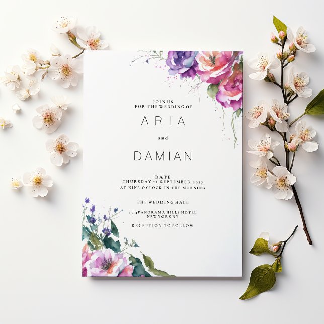 Botanisk rosa lila coral grönt blommigt Bröllop Inbjudningar (Botanical pink purple coral green floral Wedding )