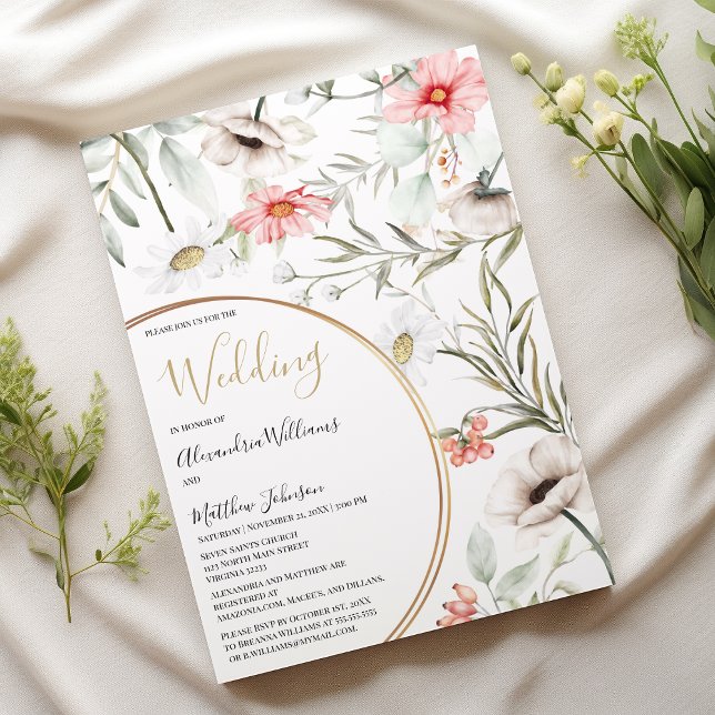 Botanisk rosa mint guld geometrisk blommigt Bröllo Inbjudningar (Botanic pink mint gold geometric floral Wedding)