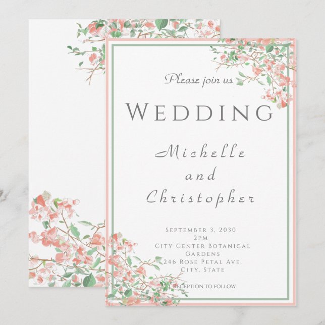 Botanisk Rosa och Grönt Boho Bröllop Inbjudningar (Fram/baksida)